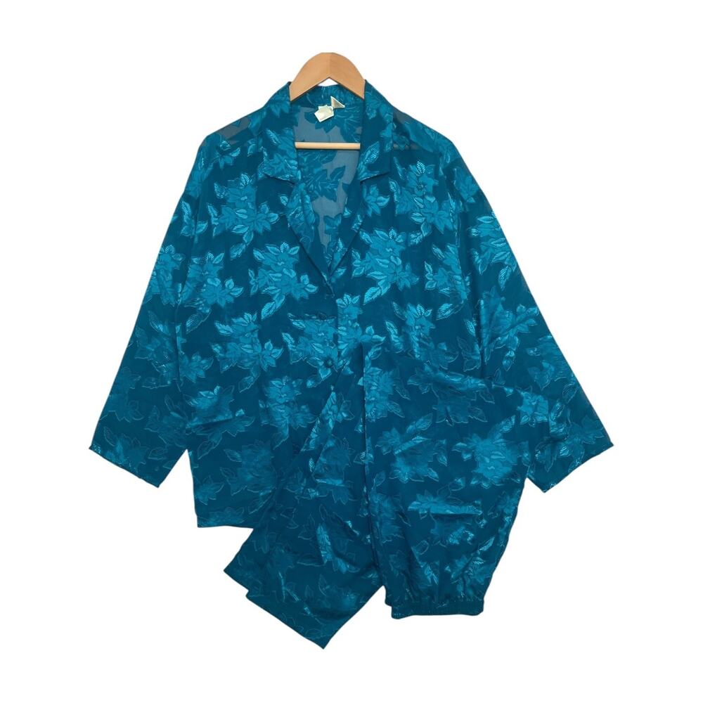 Vintage Victorias Secret Pajama Set Womens Medium Green Floral Satin 80s 90s